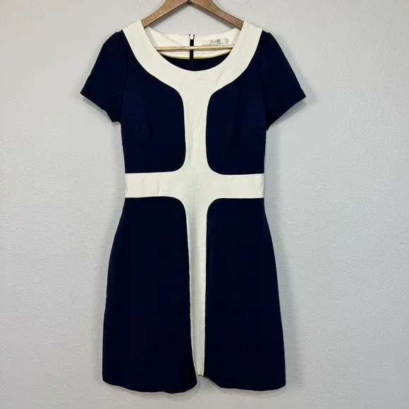 Boden Dress Women's 8 Navy Cream Colorblock Scoop Neck Fit & Flare Knit Work - Picture 1 of 16